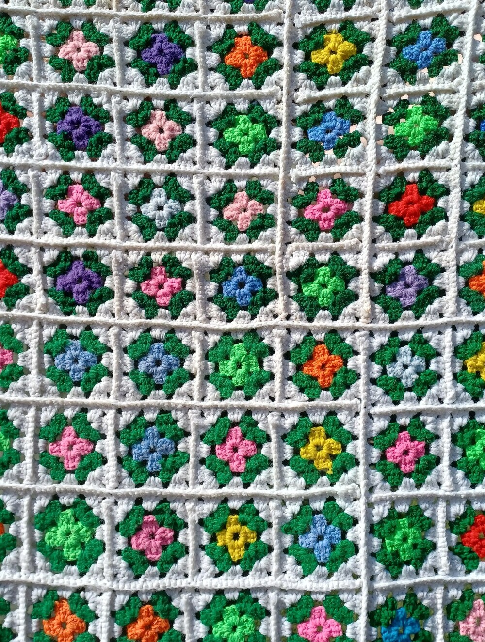 Handmade Crochet Granny Square Throw Blanket in White and Multicolor Floral